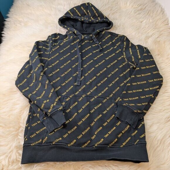 True Religion Allover Print Men's Black Pullover Hoodie Sweatshirt Size S - Picture 1 of 8